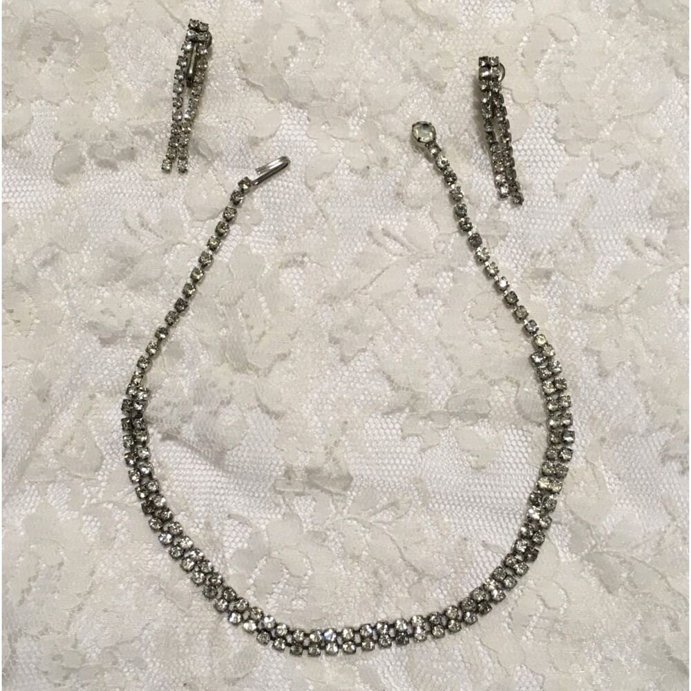 Vintage Rhinestone Necklace Earrings Set Clip On Dangly Clear Rhinestones
